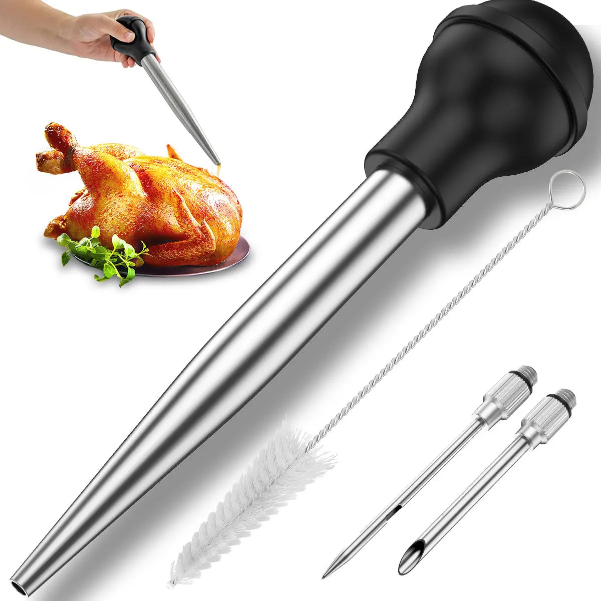 Turkey Baster Set Seasoning Sauce Injection Pump Stainless Steel Turkey Baster Syringe Meat Marinade Injector Needle for Kitchen