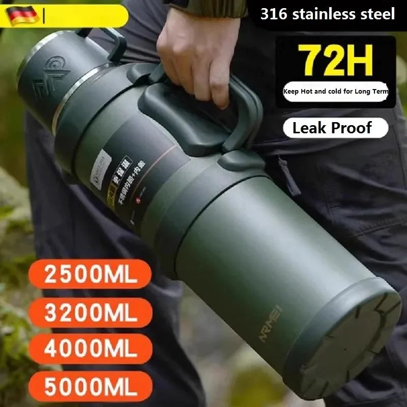 Insulated Stainless Steel Water Bottle with Handle, Black/Green 1.7L-3.2L Thermos