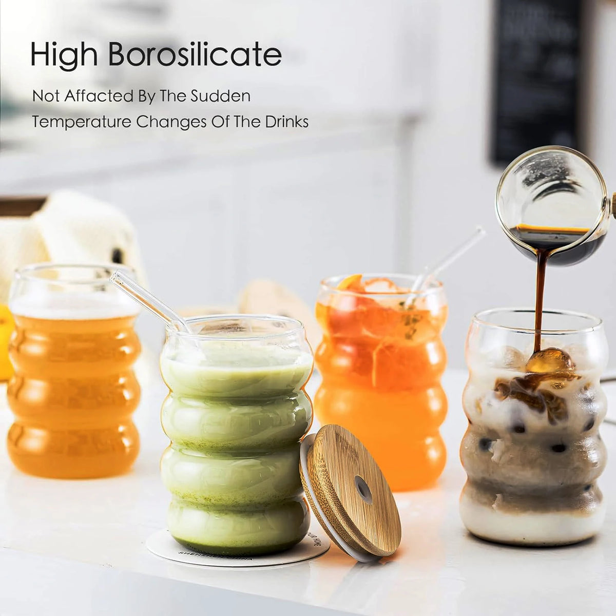 YWD 1/2/4PCS Glass Cup with Lid Straw Heat-resistant Wave Cup Beer Juice Ice Coffee Cups Cocktail Fruit Glass Drinkware