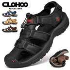 CLOHOO Men's Sandals Handmade Thick Bottom Rubber Breathable Casual Slip-On Beach Shoes Leather Upgraded Version