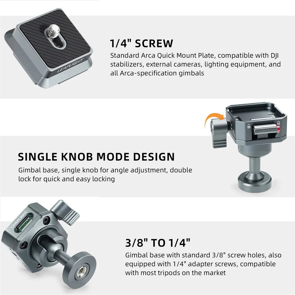 LEAPLIGHT Inverted Gimbal Tripod Adapter Base with 1/4" & Arca, 360° Rotating Ball Head