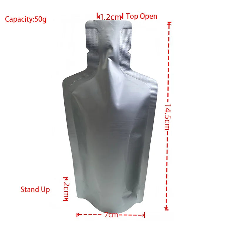 100pcs Bottle Shaped Small Sample Bag Food Grade Aluminum Foil Packaging Pouches for Juice Liquid Beverage Drinking 10g 30g 50g