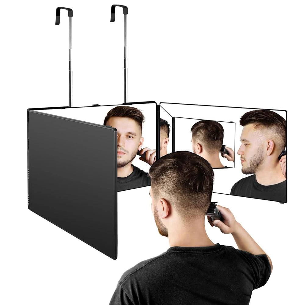 S Travel Portable 360 Trifold Vanity Makeup Mirror with Height Adjustable Telescoping Hook for Hair Self Cutting Fordable Mirror