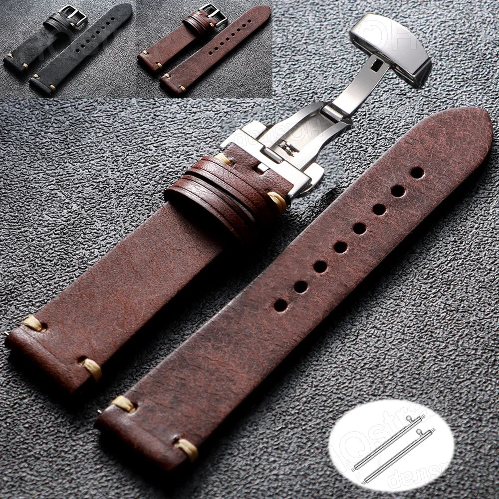 Stitching Leather Butterfly Buckle Watch Band 20mm 22mm Cowhide Strap for Rolex Bracelet for Seiko Women Men Vintage Wristband
