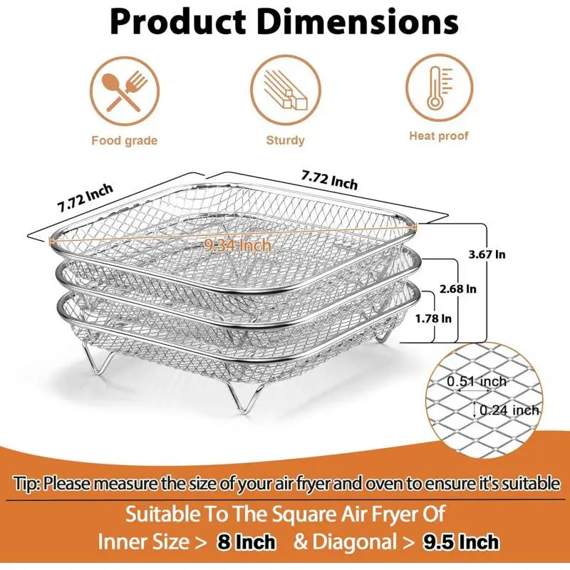 3-piece square air fryer basket set, stackable stainless steel air fryer basket accessories, deep dehydration rack, dishwasher