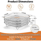 3-piece square air fryer basket set, stackable stainless steel air fryer basket accessories, deep dehydration rack, dishwasher