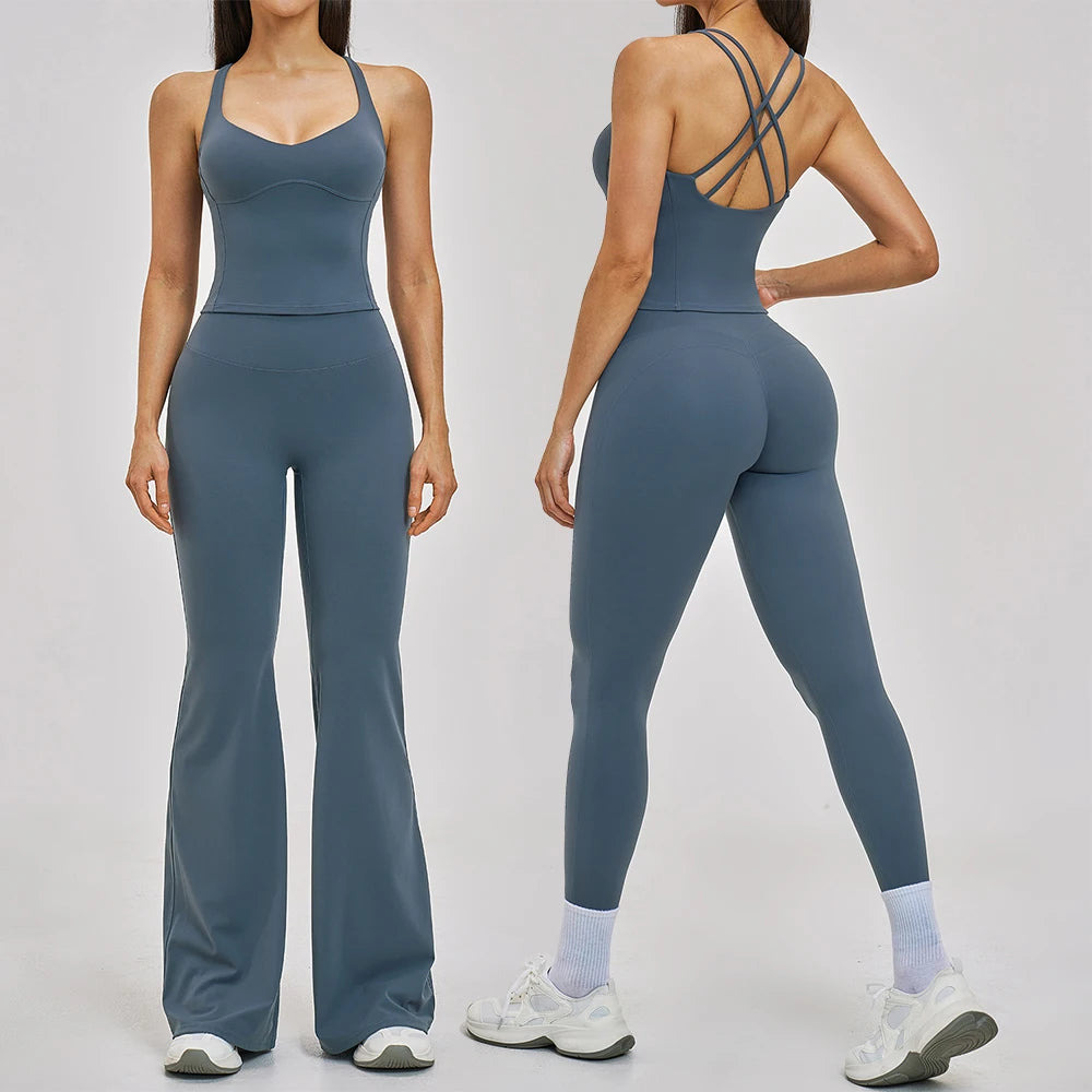 Women's 2pc Yoga Set High Waist Leggings + Top Workout Gym Tracksuit, Black/Blue S-XL