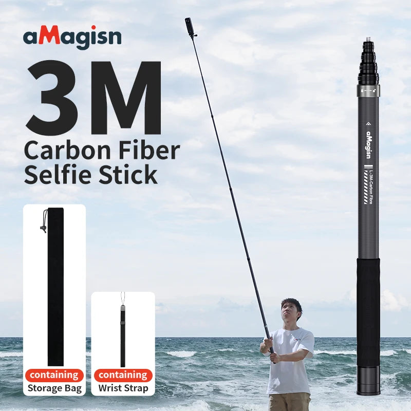 3m Invisible Selfie Stick Carbon Fiber Extended Monopod 118" for Gopro 13 Insta360  X4 X5 DJI Osmo 360/Action 5 Pro Accessories