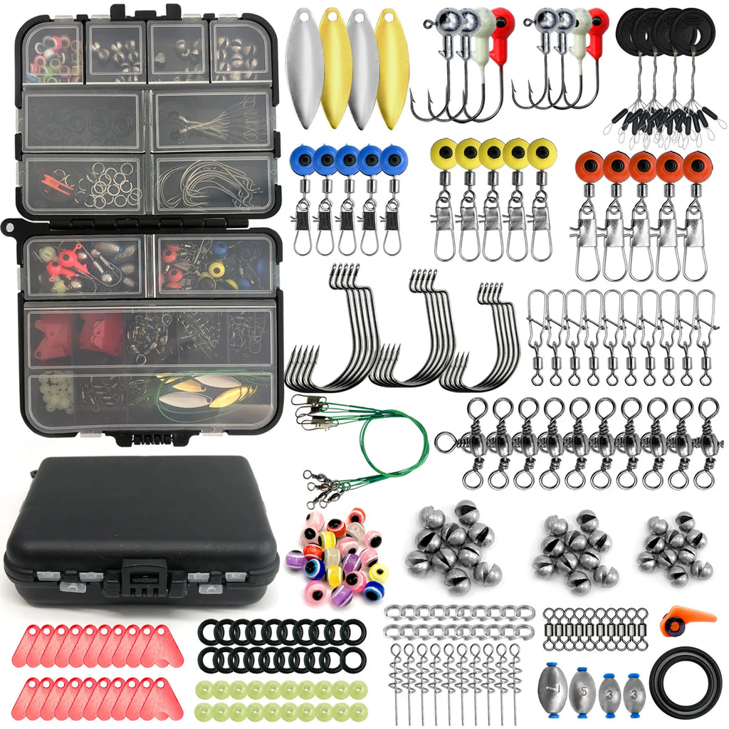 170-410pcs Professional Fishing Kit with Tackle Box, Hooks Sinkers Swivels for Bass Trout Saltwater Fishing Complete Lure Set