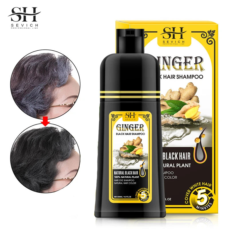Black Hair Dye Shampoo with Ginseng Extract, 500ml, 5 Min Gray Coverage for Men & Women