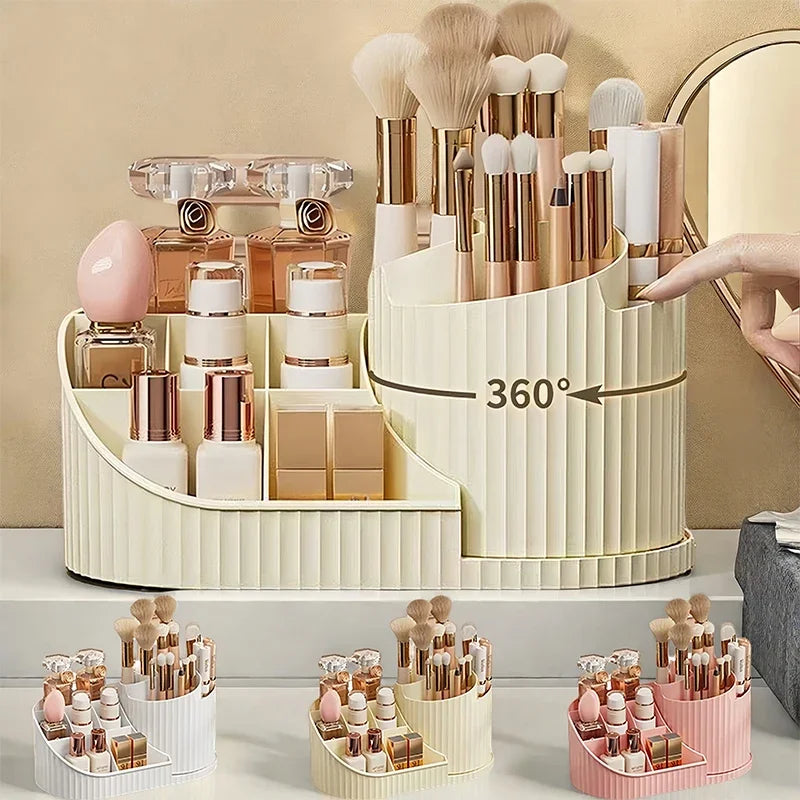 360° Rotating Vanity Makeup Organizer with Brush Holder, Large Spinning Cosmetic Storage for Skincare, Perfumes and Lotions
