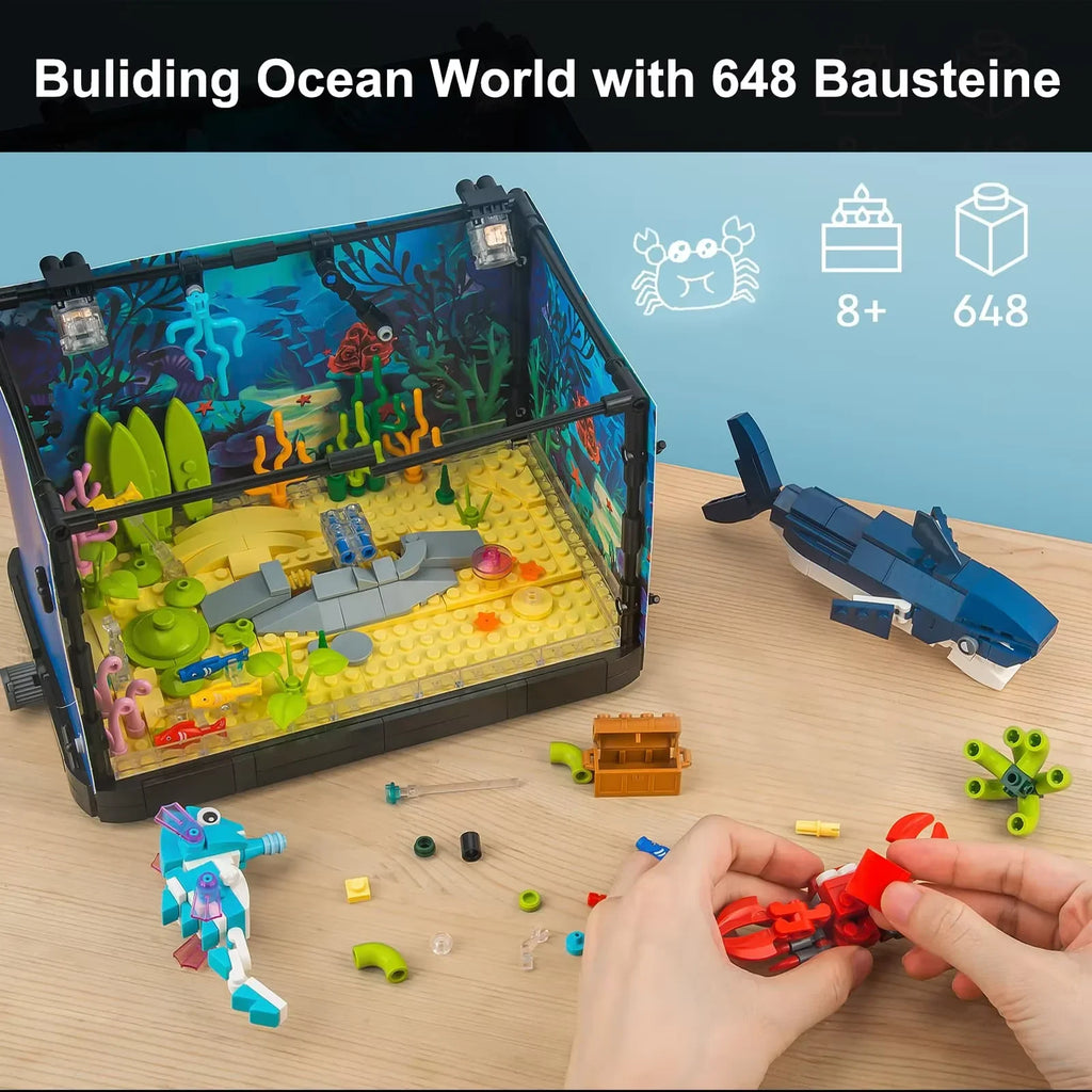 Idea Fish Tank Building Block Set with Light，Aquarium, Marine Life, Jellyfish And Turtle Ecological Tank, Toys For Boys And Girl