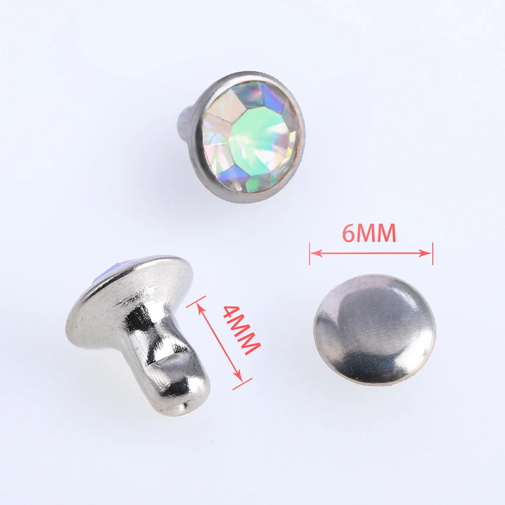 100 Sets 6/8mm Glass Rivets Rhinestone Glitter Crystal AB Silver Edge Stones Studs With Care Rhinestones for DIY Crafts Leather