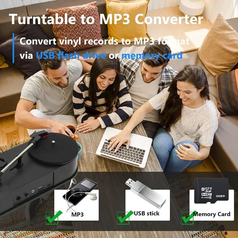 Portable 33/45RPM turntable vinyl to MP3 converter with speaker, USB/TF card recording