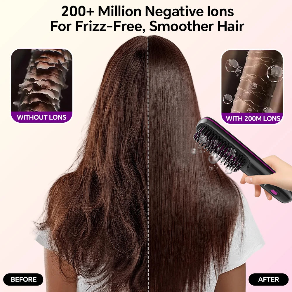 Rechargeable Hair Straightener Brush, Ionic Straightening Comb - 20s Fast Heating, 3 Temp Settings & LED Display for Home Salon