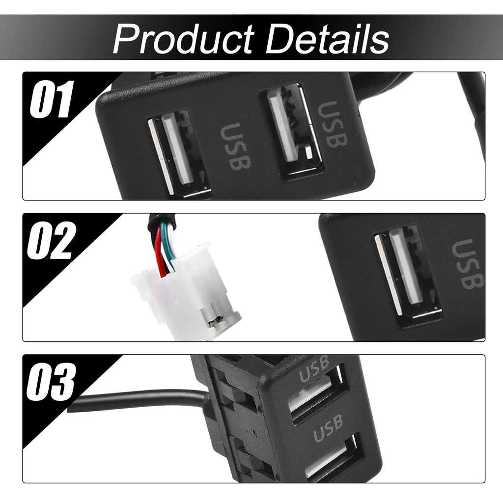 Car Dash Mount Dual USB Port Panel Interface Extension 145cm Cable Adapter Dual USB TypeC Port Panel AUX Extension Cable Adapter