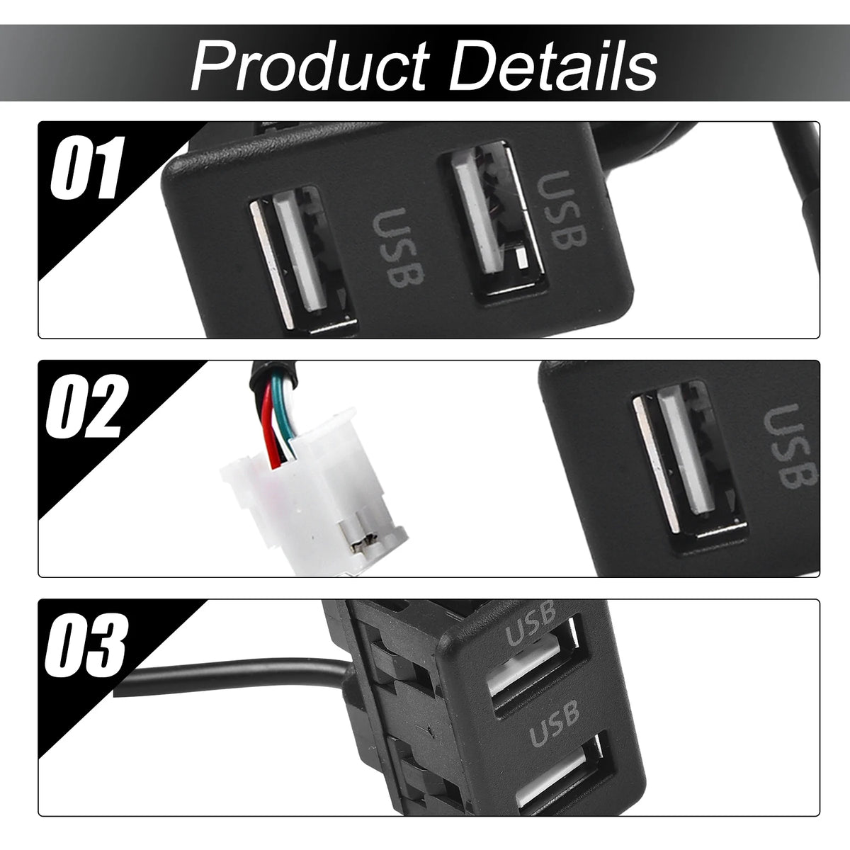 Car Dash Mount Dual USB Port Panel Interface Extension 145cm Cable Adapter Dual USB TypeC Port Panel AUX Extension Cable Adapter