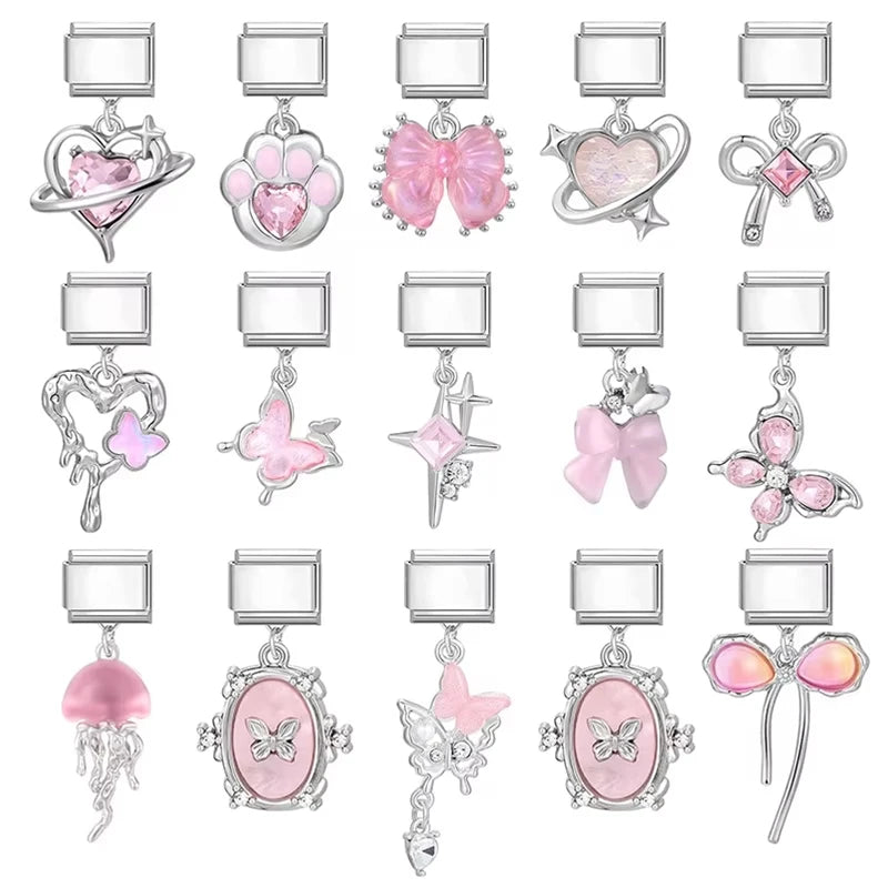2025 New Sweet Pink Zircon Heart Bows Cherry Moon Star DIY Making Bracelet Women Men Stainless Steel 9mm Italian Charm Links Fit