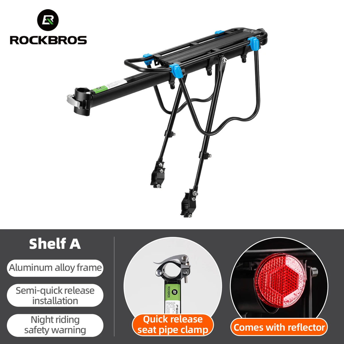 ROCKBROS Aluminum Alloy Bike Rear Cargo Rack, Detachable MTB Bicycle Luggage Carrier