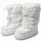 2025 Winter Snow Boots Women Ski Boots Luxury Fluffy Furry Fur Boots Female Rivets Warm Waterproof Platform Black Cotton Boots
