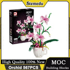 MOC Pink Orchid Flower Bouquet Building Blocks Kit DIY Bonsai Plant Model Romantic Home Decor Creative Gift for Adults Teens