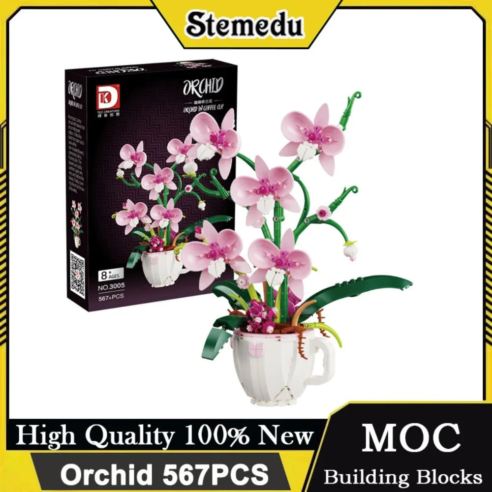 MOC Pink Orchid Flower Bouquet Building Blocks Kit DIY Bonsai Plant Model Romantic Home Decor Creative Gift for Adults Teens