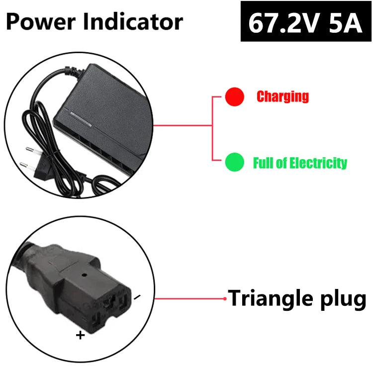 48V/60V/72V Charger 2A/5A Lithium-ion Battery Pack Charger 54.6V/67.2V/84V Intelligent Fast Charging EU Plug With Cooling Fan