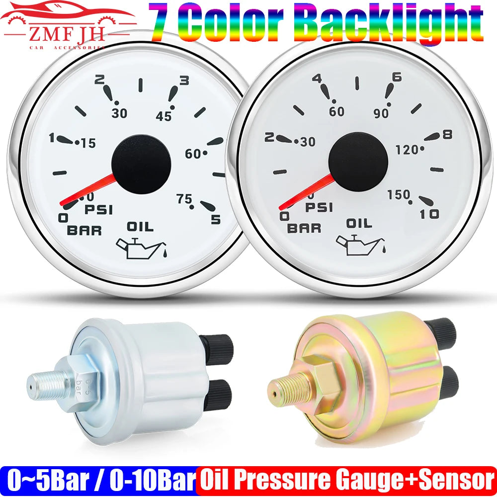 Custom Auto Car 52mm Oil Pressure Gauge+Sensor 7 Color Backlight 0~5Bar 0-10Bar Oil Press Meter with Sensor Marine Boat 12V24V