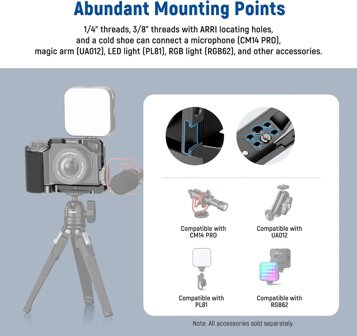NEEWER ZV-E10 Camera Cage with Silicone Grip Arca Type QR Base Protective Metal Video Rig for DJI RS Gimbals Sony ZV-E10