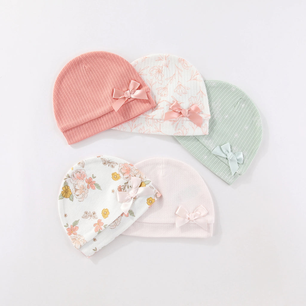 Kiddiezoom Newborn Baby Cotton Beanie Hats 5-Pack, Soft Infant Caps 0-6 Months