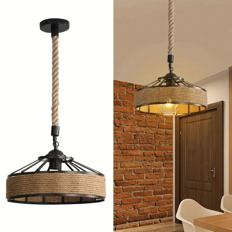 Hemp Rope Pendant Ceiling Light 30cm Iron Chandelier Shade, no bulb