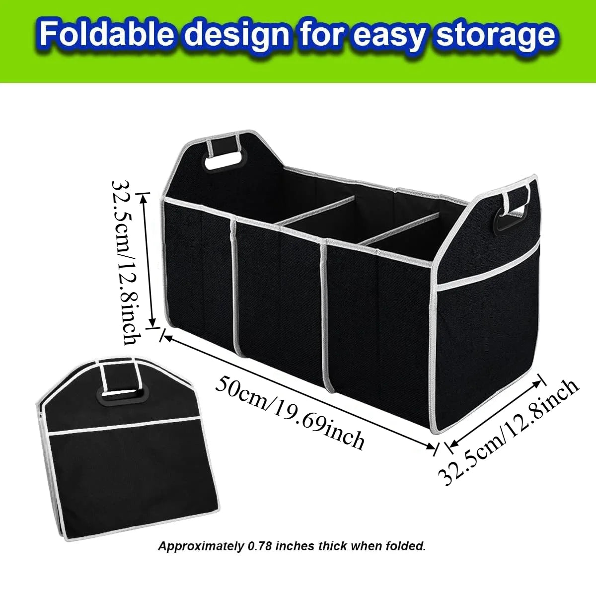 Foldable Car Trunk Organizer 3-Compartment Cargo Storage Bag, Camping Gear & Groceries, Fits All Vehicles, Black