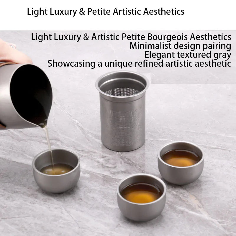 Titanium-plated stainless steel portable travel tea set, including teapot and double-walled tea cups, lightweight outdoor campi
