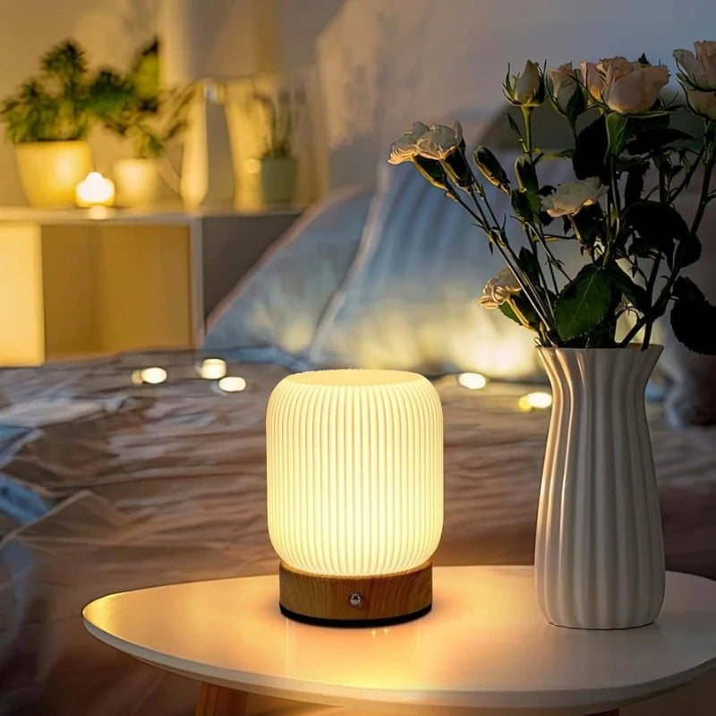 Touch Light Cordless Desk Lamp Battery Powered LED Bedside Lamp Rechargeable Night Light Wood Grain Base