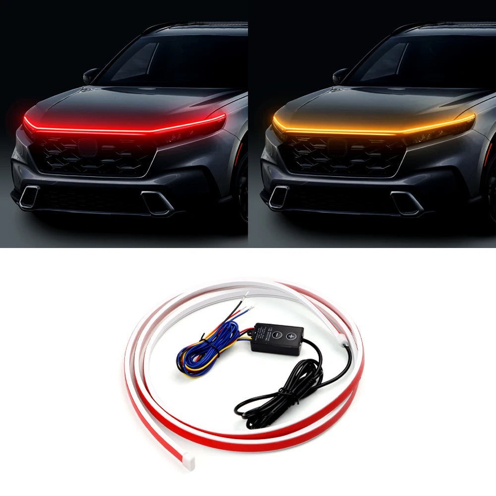 LED Car Daytime Running Light Strip - Red & Yellow Dual Color Plug And Play Start Scan Turn Signal 12V Universal Car Hood Light