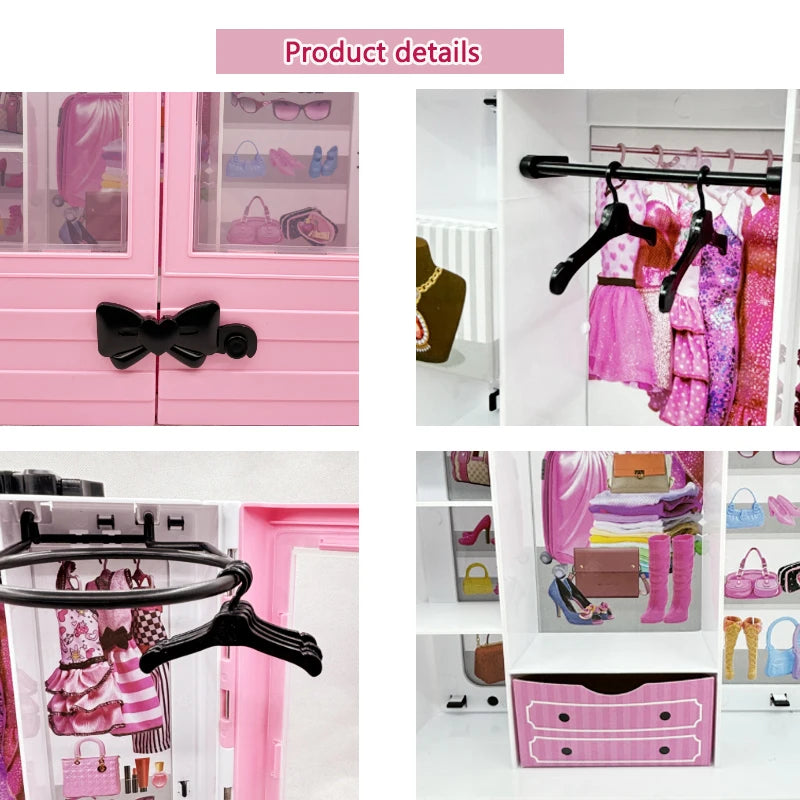 Pink Wardrobe with 10pcs Hangers Playset Doll Accessories Fashion Toys Fold-out Rack Portable Closet Birthday Christmas Gift