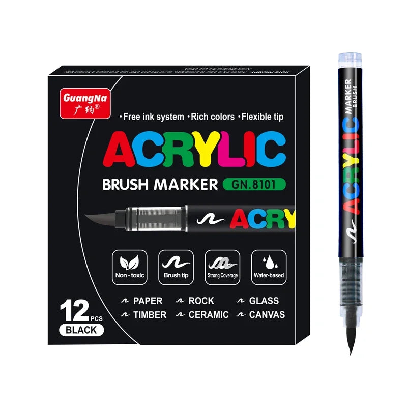 12/24/36 Colors Acrylic Marker Pens Waterproof Pen Soft brush Nib Student Art For Glass Stone Metal Glass Wood Plasctic Paper