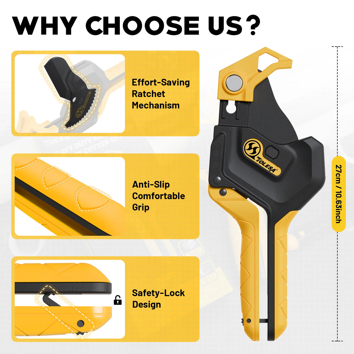 TOLESA 3-Gear Adjustable PVC Pipe Cutter, Pex Cutter Pipe Cutter Up to 2-1/2”, Ratchet Pipe Cutter Tool for PVC, PPR, PE, PEX