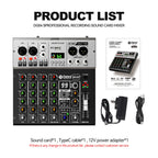 Debra DG04S 4-Channel Mixing Soundcard, Mixer, Bluetooth 5.0, 24-bit/192k Sample Rate, OTG Interface, 48V Phantom Power for Bars