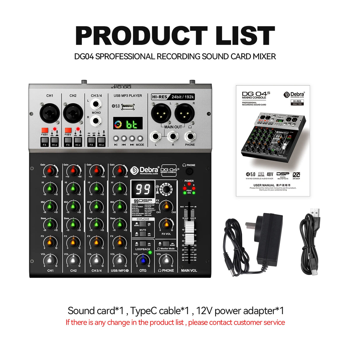 Debra DG04S 4-Channel Mixing Soundcard, Mixer, Bluetooth 5.0, 24-bit/192k Sample Rate, OTG Interface, 48V Phantom Power for Bars