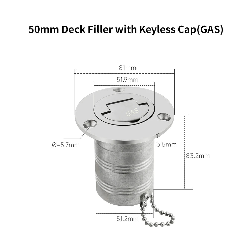 38/50mm 316 Stainless Steel Boat Deck Filler with Keyless Cap GAS DIESEL FUEL WASTE WATER Mirror Polish Marine Deck Filler Cap