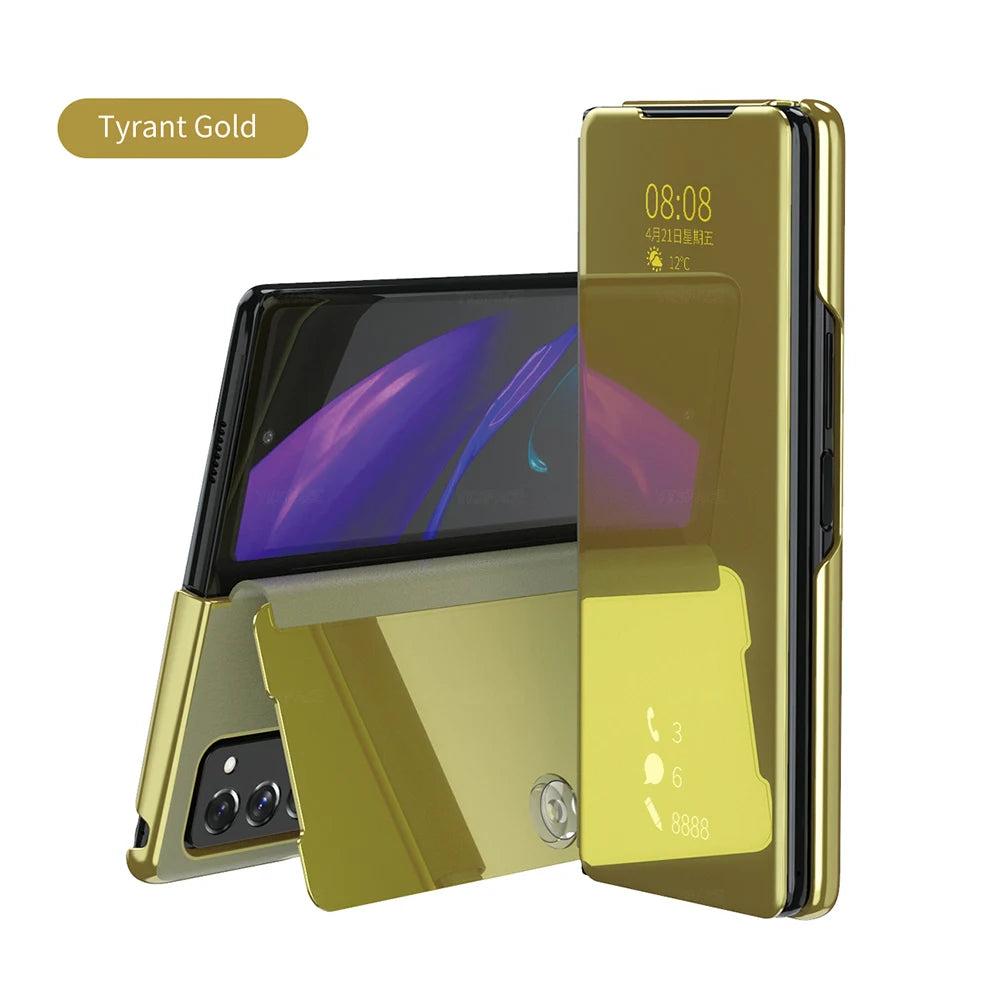 6 Colors Mirror Clear View Stand Flip Case For Samsung Galaxy Z Fold 2 3 4 5 6 7 Full Cover Folding Plathing Phone Cover