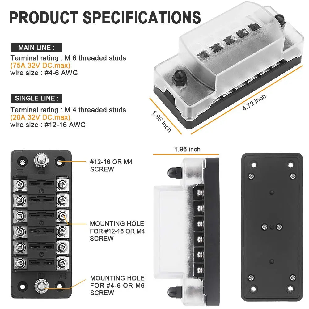 6 Way Fuse Box with Negative Bus Waterproof 6 Circuit Automotive Fuse Holder Fuse Block for 12V/24V Car Truck Boat Marine RV