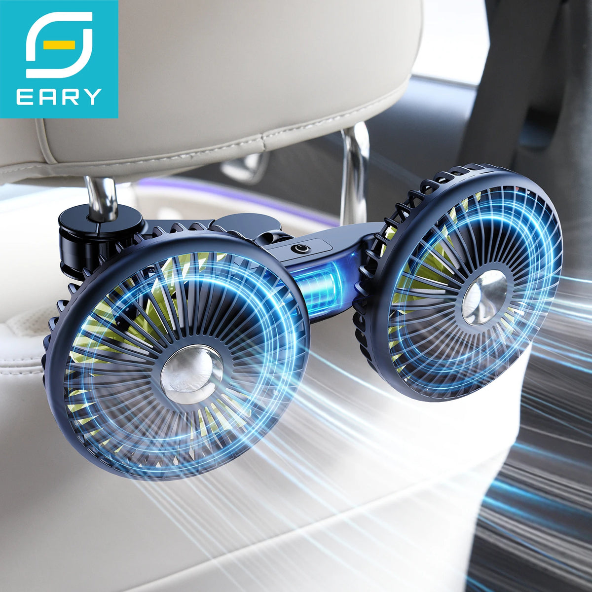 Eary Car Rear Seat Fan Headrest Backseat Dual Head Fan 2000mAh Battery 3 Speed Air Cooling Fans for kids Summer Car Accessories