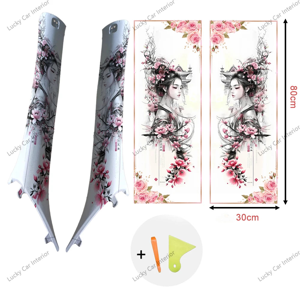 1 pair of flower geisha car stickers, car A-pillar decoration stickers, car interior modification decoration supplies