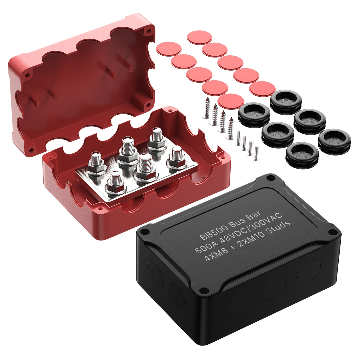 500A Marine Bus Bar 48V Automotive Power Distribution Block Big Current 6 Studs With Red Black Plastic Cover For Car Boat Auto