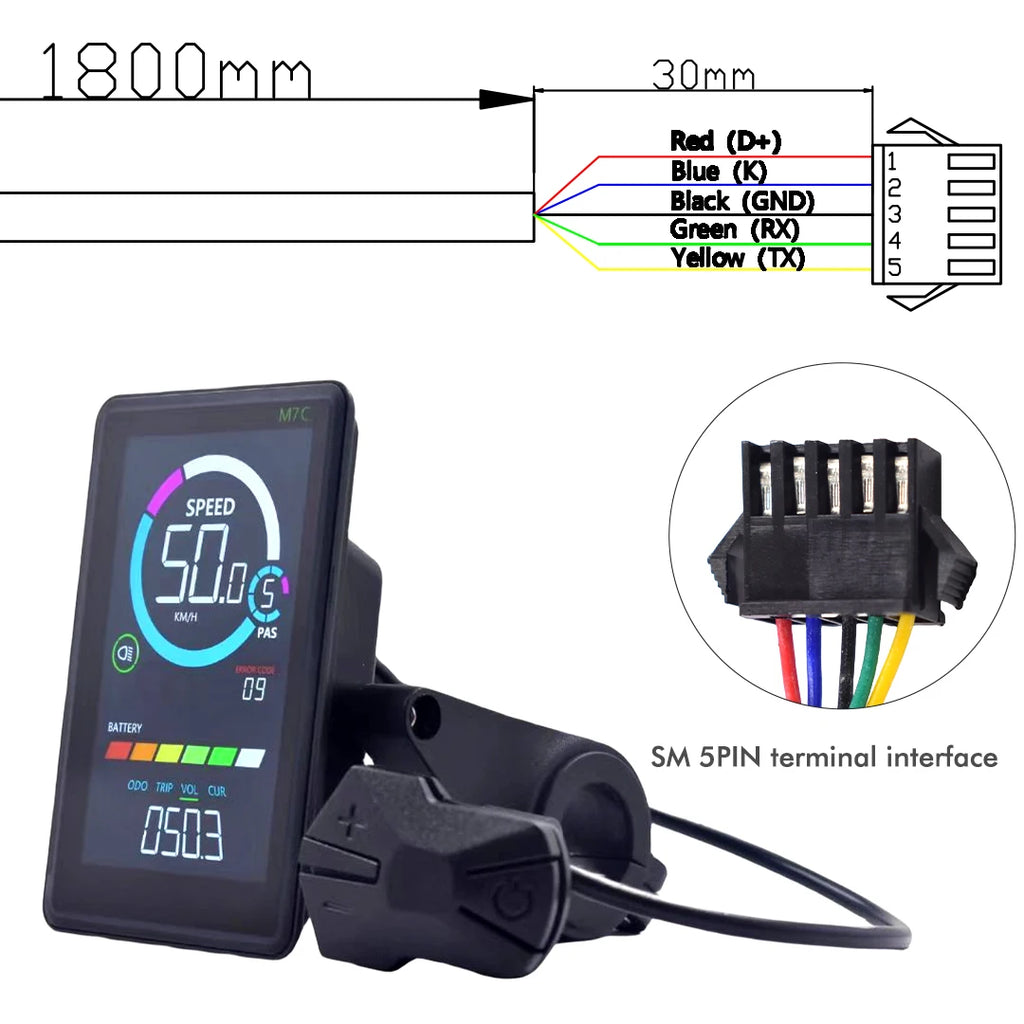 M7C-2 Electric Bike LCD Display Meter UART2 with USB, 24V-60V, 5/6 Pin Options