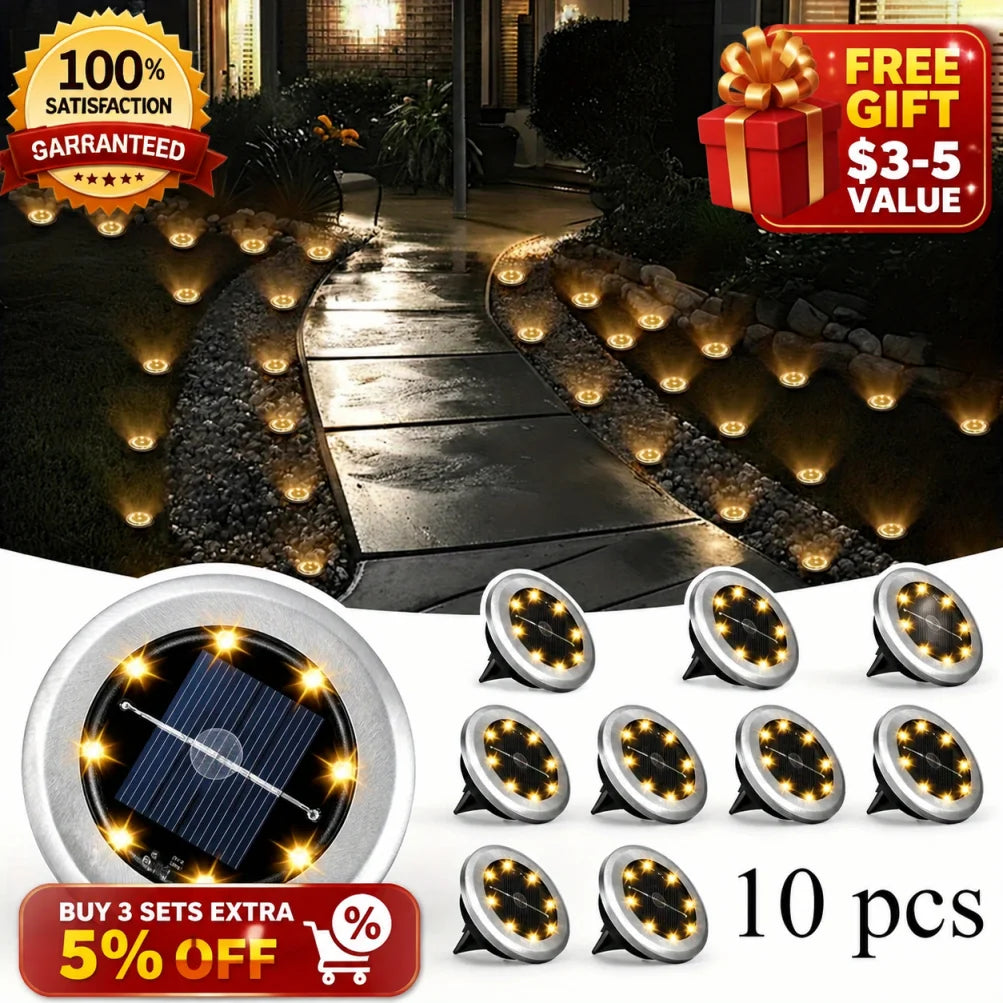 10pcs Solar Ground Light Outdoor Waterproof 8LED Disk Light for Garden Pathway Yard Driveway Landscape Decorative In-ground Lamp