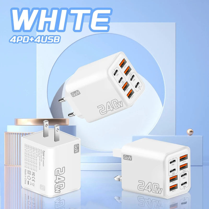 2026 New 240W Multi Port Charger Pd Smartphone Super Fast Charging 4usb-4type-C Charging Head EU US UK Adapter