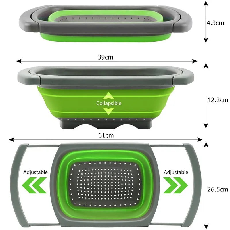 LMETJMA Collapsible Over-the-Sink Colander Strainer with Extendable Handles, Red/Green